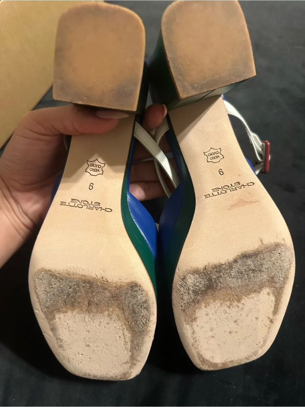 Charlotte Stone Babette size 9 Blue and Green Platform Sandals with Ivory Strap